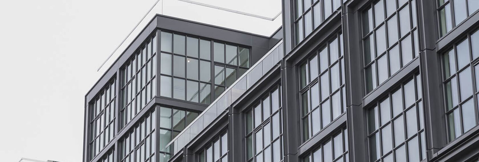 Industrial-style windows in an American office building.