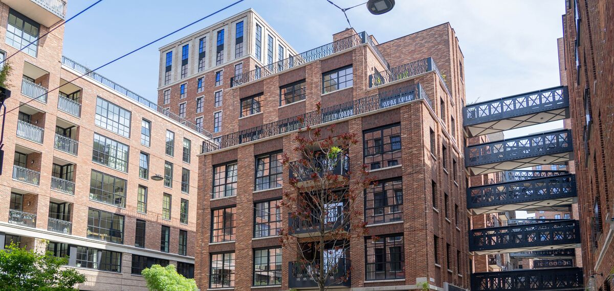 Brick and steel building in modern city quarter.